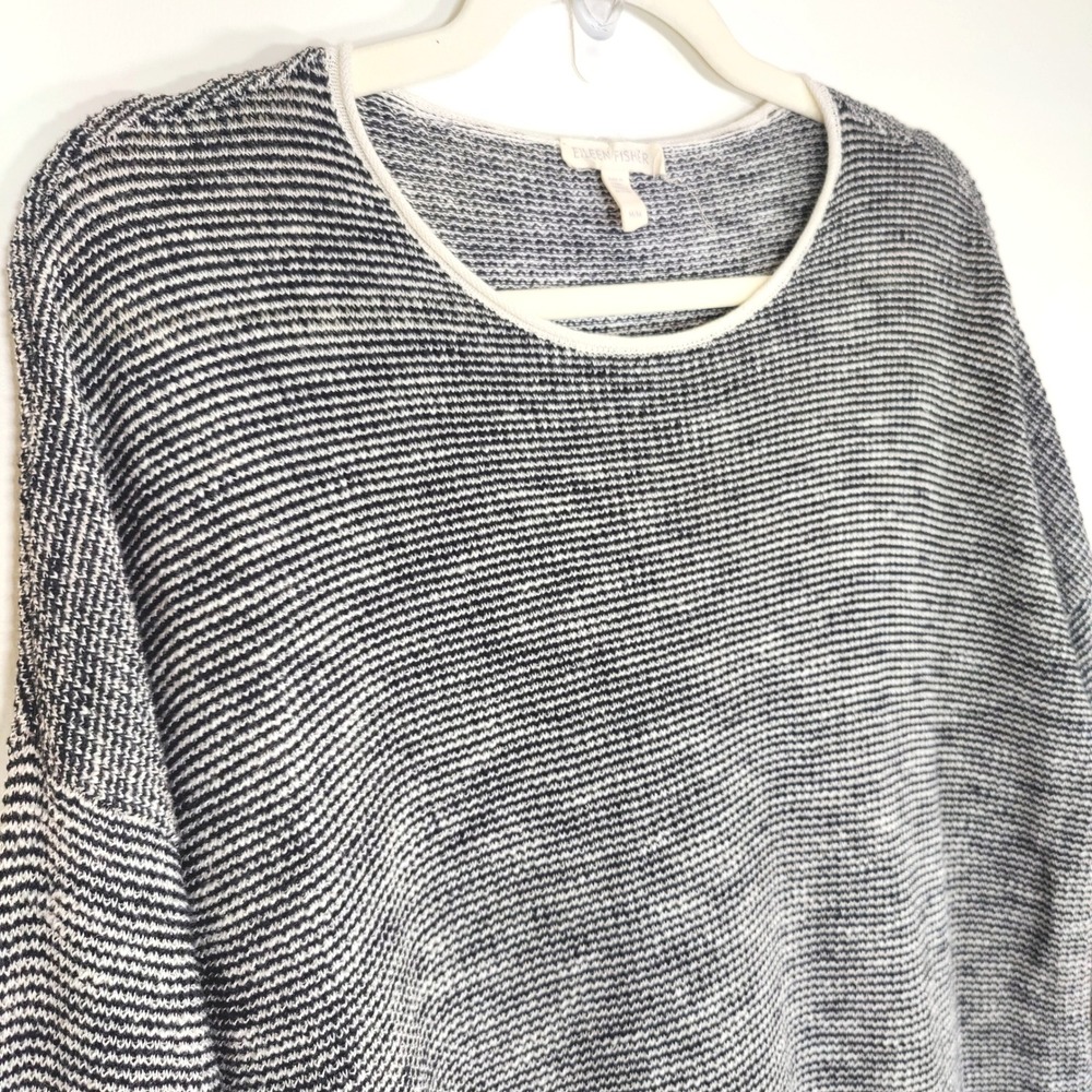 Eileen Fisher Organic Linen Cotton Tunic Sweater Black White Striped Medium - Picture 3 of 7